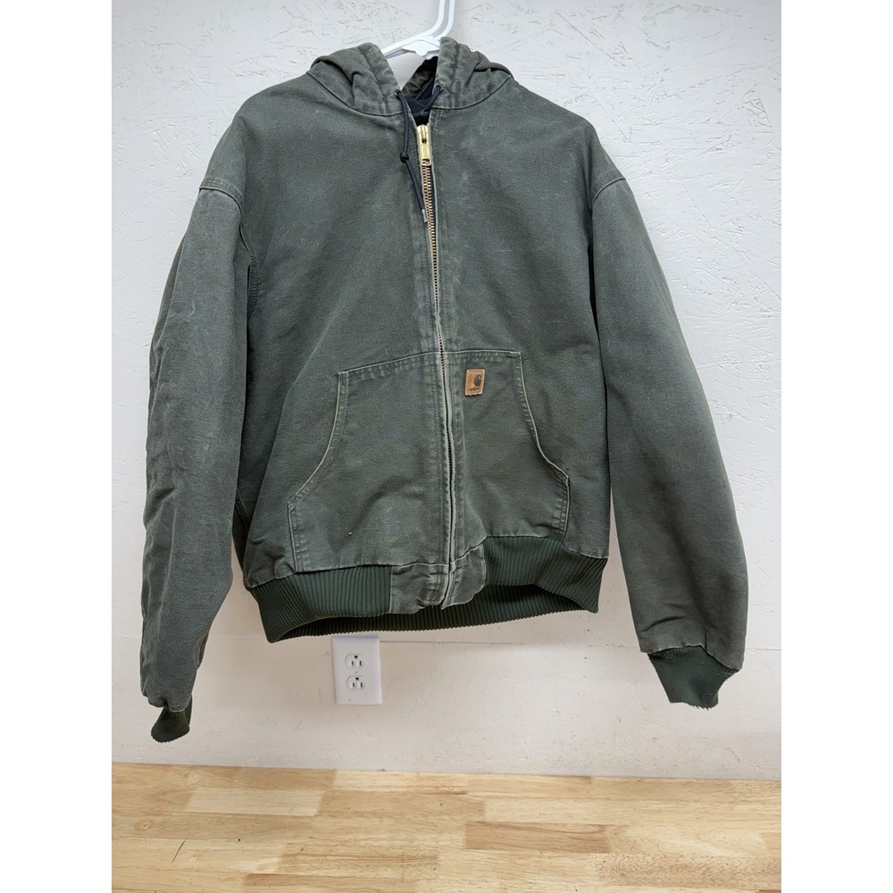 Carhartt J130 MOS Large Regular Faded Green Distressed Workwear Jacket Hooded